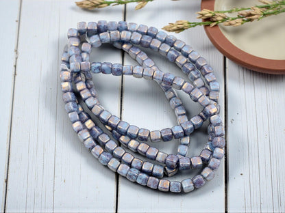 Czech Glass Beads - Picasso Beads - Periwinkle Beads - Cube Beads - 4mm - 40pcs - (1480)