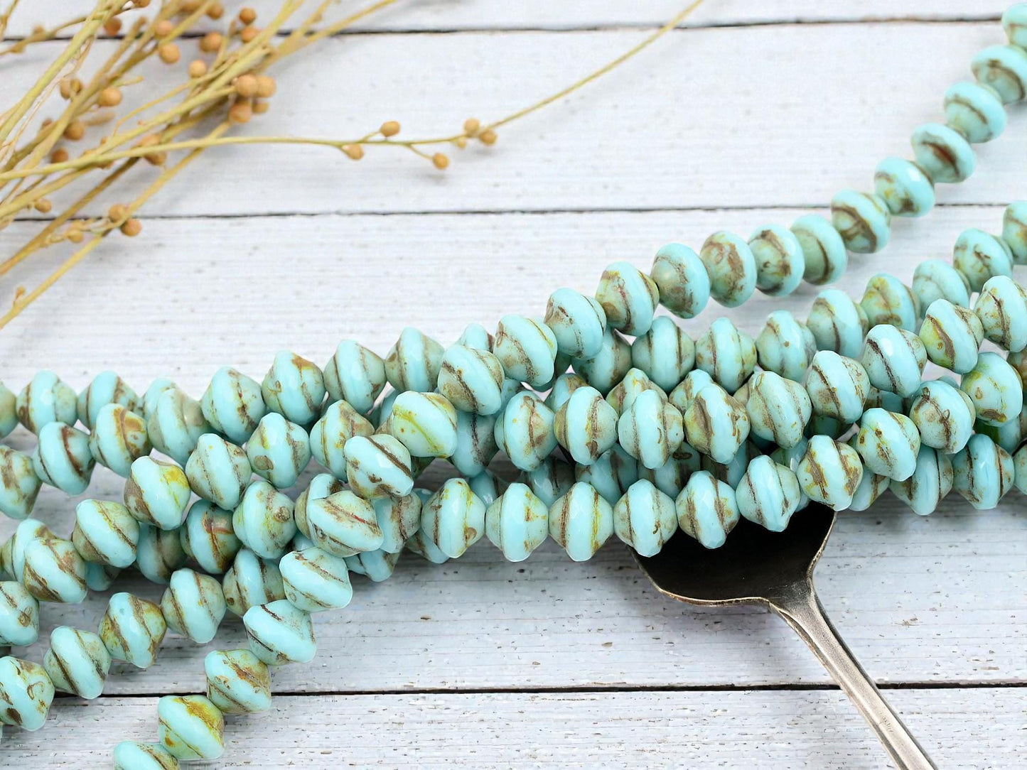 Czech Glass Old Stock Saturn Beads - Robins Egg Blue Picasso - 8x10mm - 27pcs - (B248)