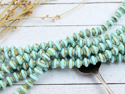 Czech Glass Old Stock Saturn Beads - Robins Egg Blue Picasso - 8x10mm - 27pcs - (B248)