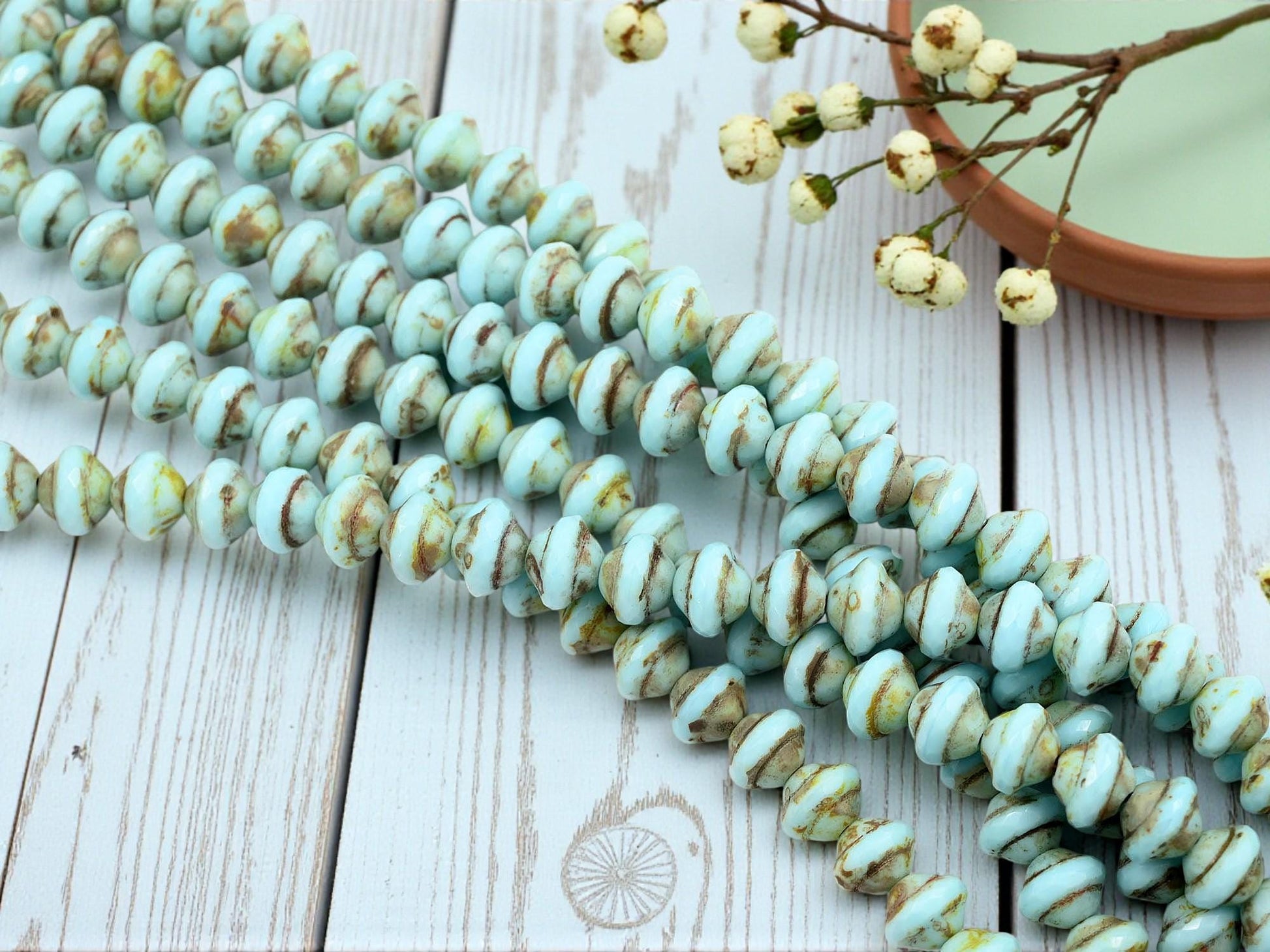 Czech Glass Old Stock Saturn Beads - Robins Egg Blue Picasso - 8x10mm - 27pcs - (B248)
