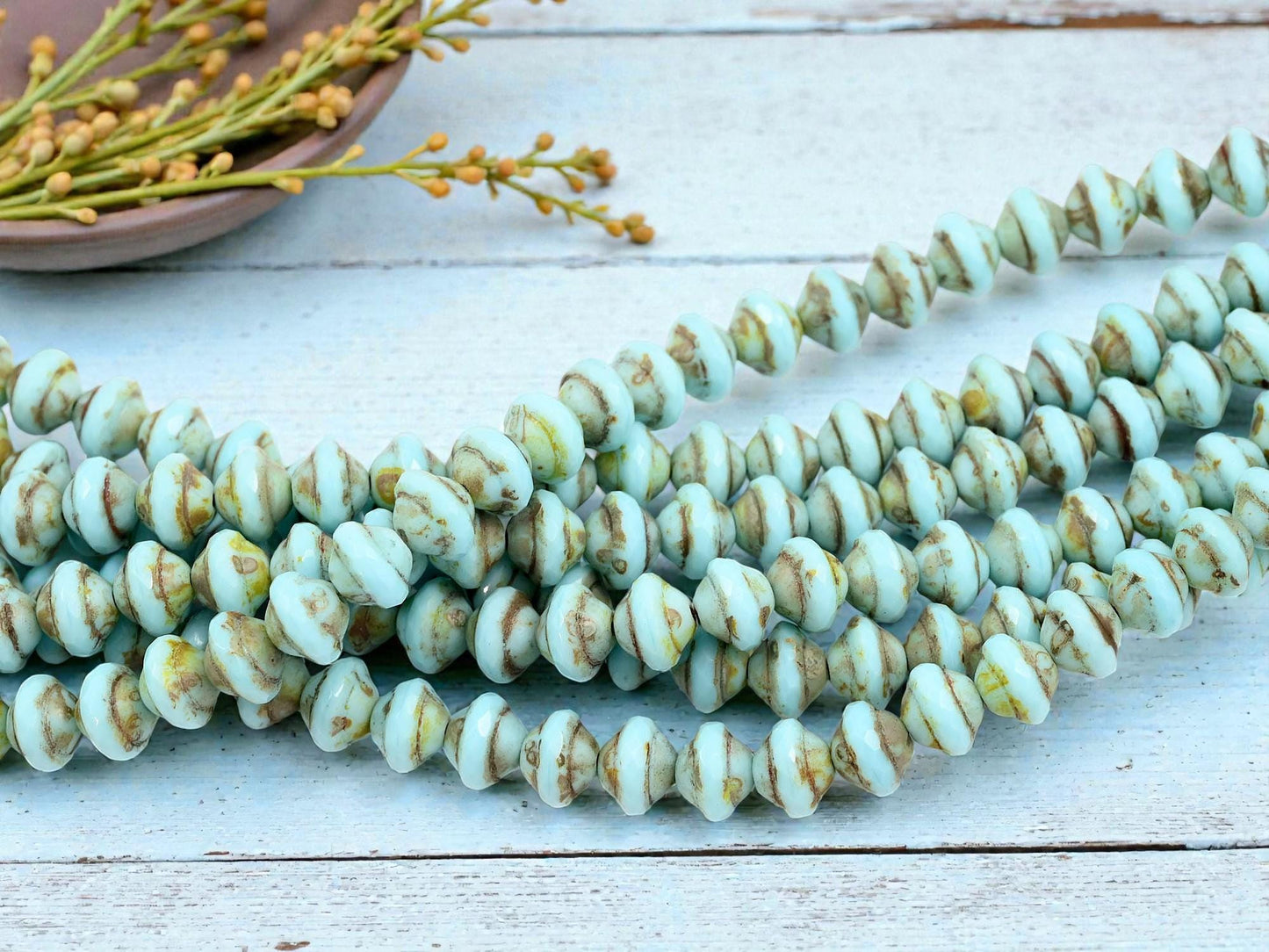 Czech Glass Old Stock Saturn Beads - Robins Egg Blue Picasso - 8x10mm - 27pcs - (B248)