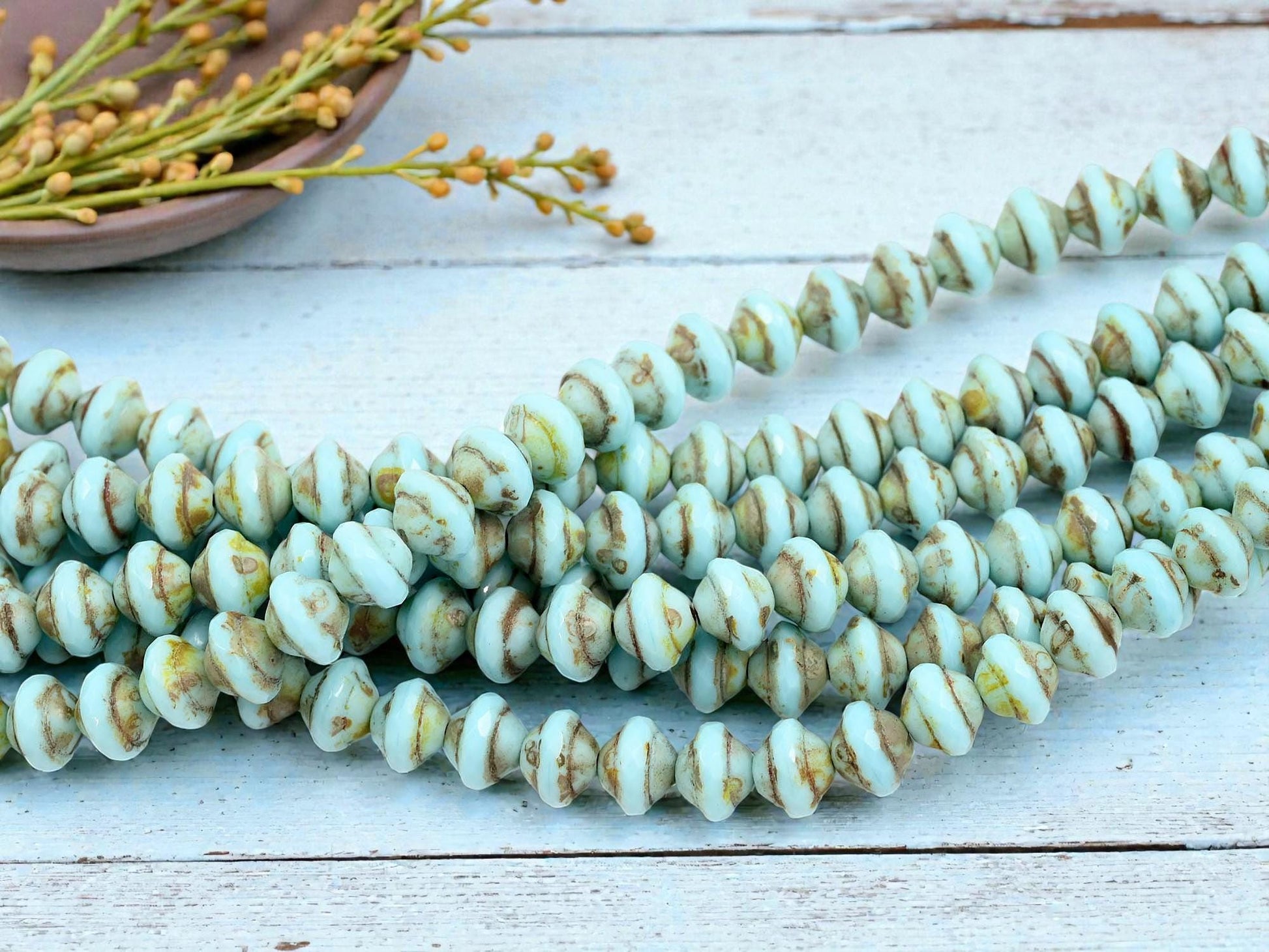 Czech Glass Old Stock Saturn Beads - Robins Egg Blue Picasso - 8x10mm - 27pcs - (B248)