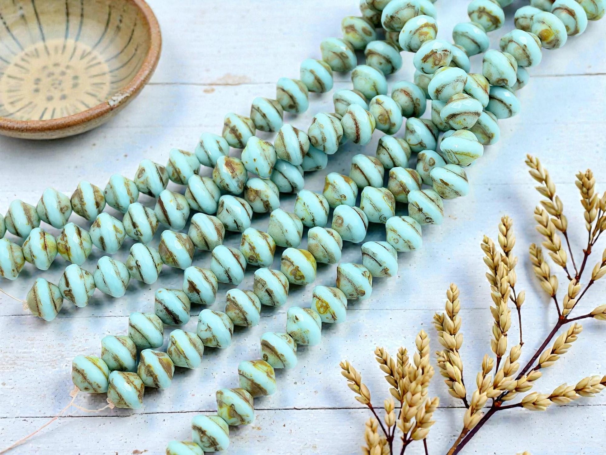 Czech Glass Old Stock Saturn Beads - Robins Egg Blue Picasso - 8x10mm - 27pcs - (B248)
