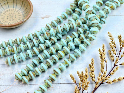 Czech Glass Old Stock Saturn Beads - Robins Egg Blue Picasso - 8x10mm - 27pcs - (B248)