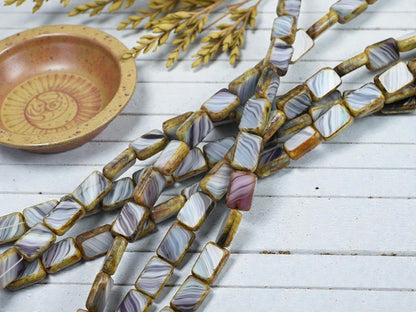 Czech Glass Vintage Old Stock Table Cut Rectangle Beads - Blue Purple White - 8x12mm - 16pcs - (B705)