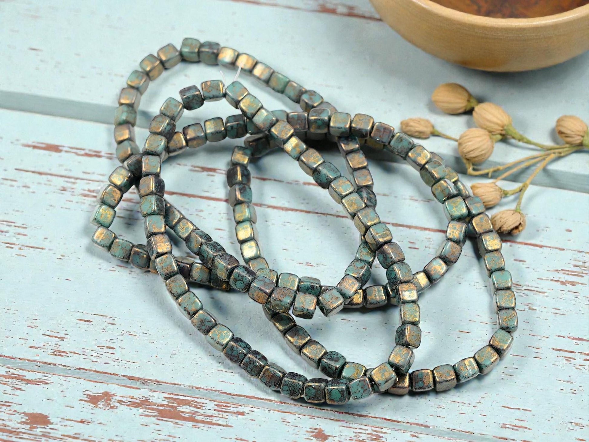 Czech Glass Cube Beads - Turquoise Bronze Picasso - 4mm - 40pcs - (132)