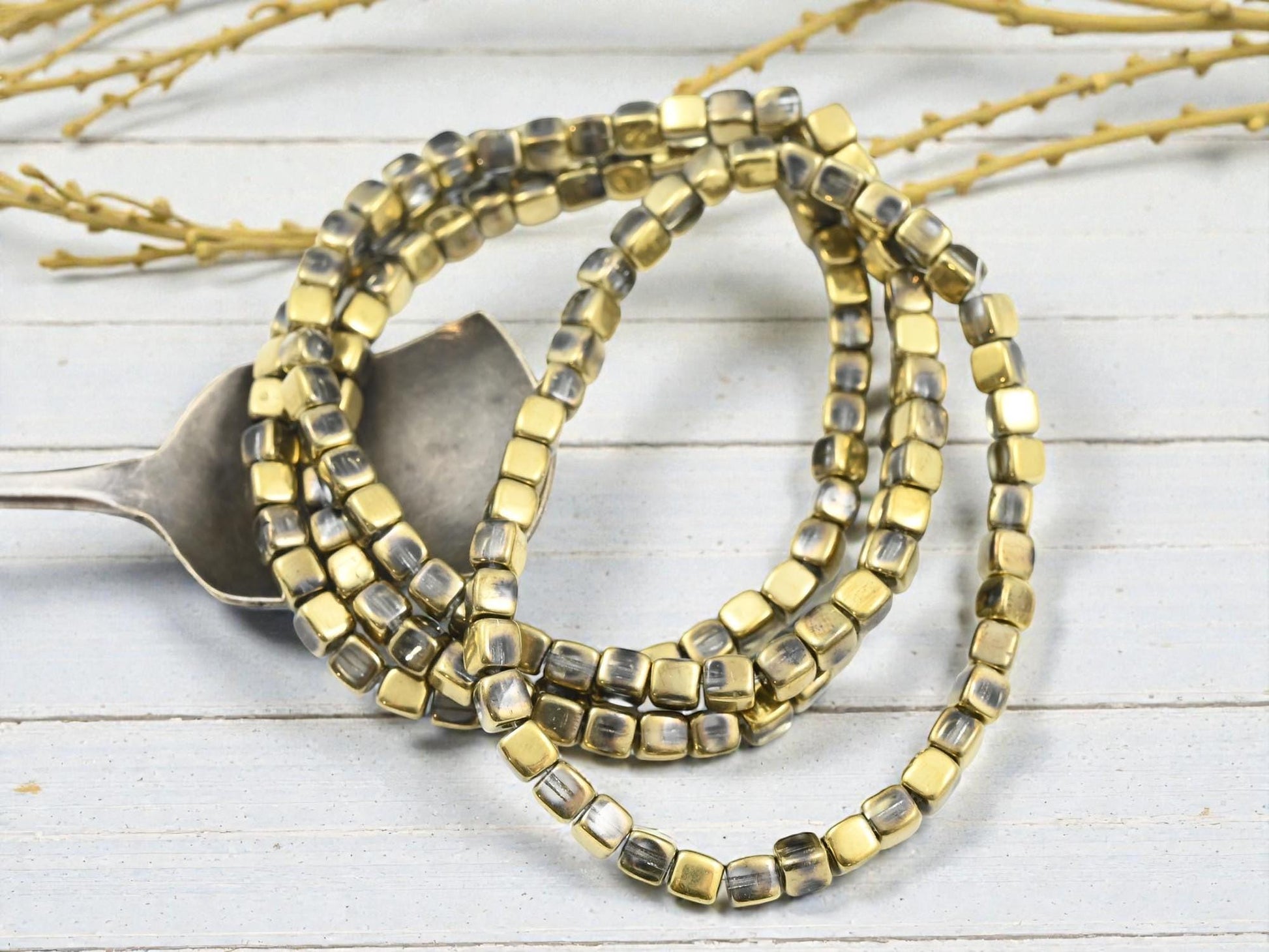 Czech Glass Cube Beads - Gold Washed Crystal - 4mm - 40pcs - (5702)