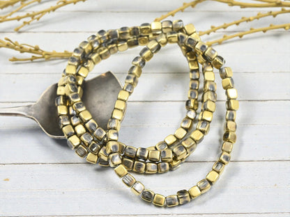 Czech Glass Cube Beads - Gold Washed Crystal - 4mm - 40pcs - (5702)