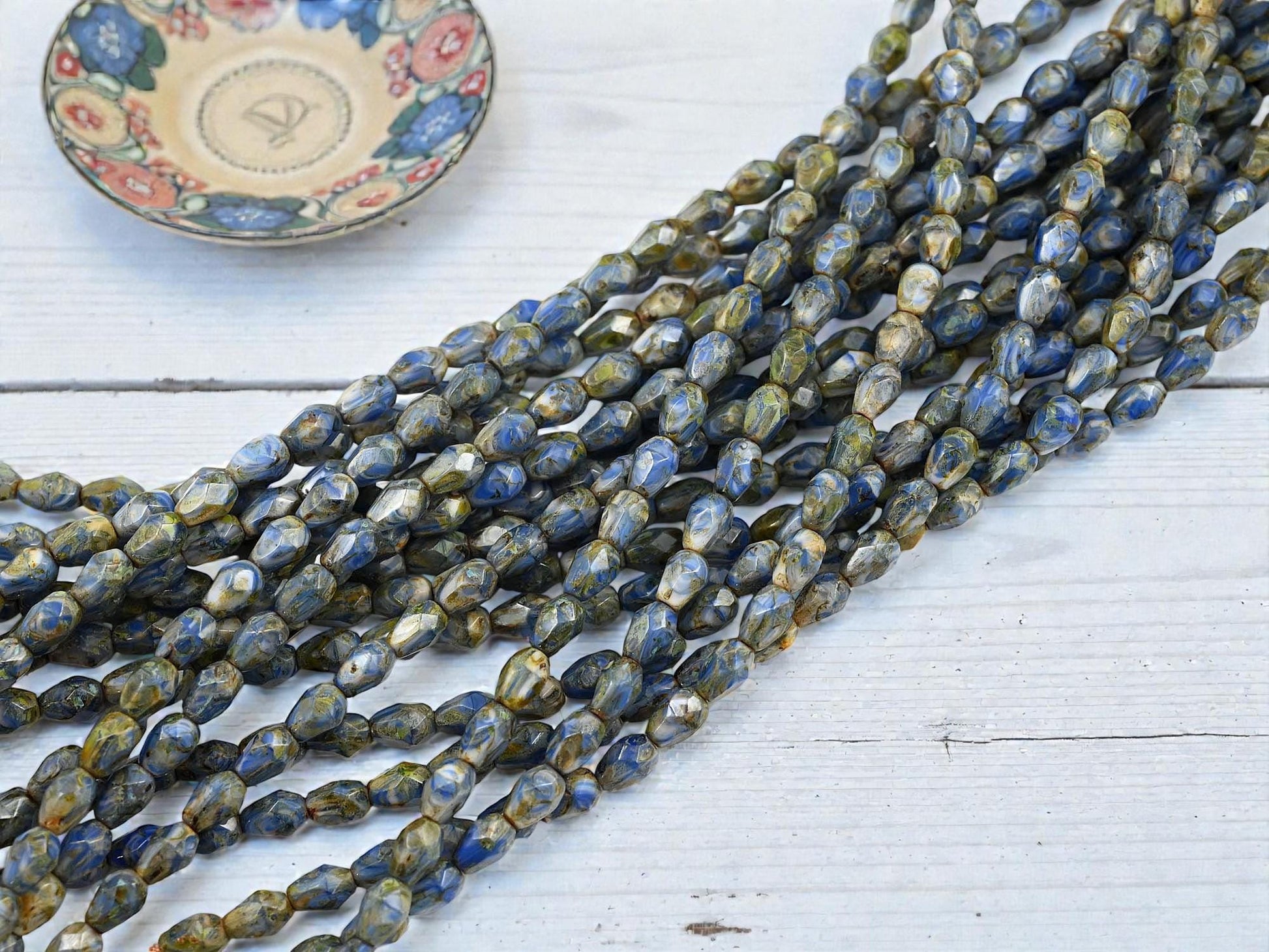 Czech Glass Fire Polished Faceted Tear Drop Beads - Blue Cream Travertine - 5x7mm - 29pcs - (B155)