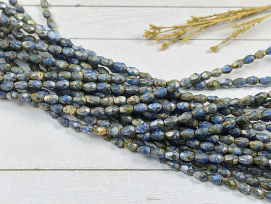 Czech Glass Fire Polished Faceted Tear Drop Beads - Blue Cream Travertine - 5x7mm - 29pcs - (B155)