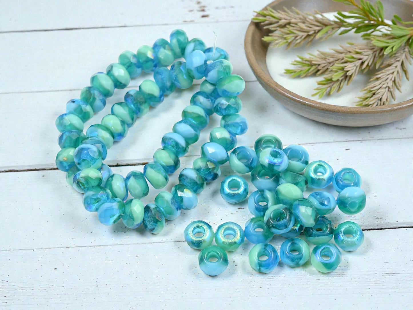 Czech Glass Faceted Large Hole Roller Rondelle Beads - Blended Turquoise AB - 6x9mm - 25pcs (2132)