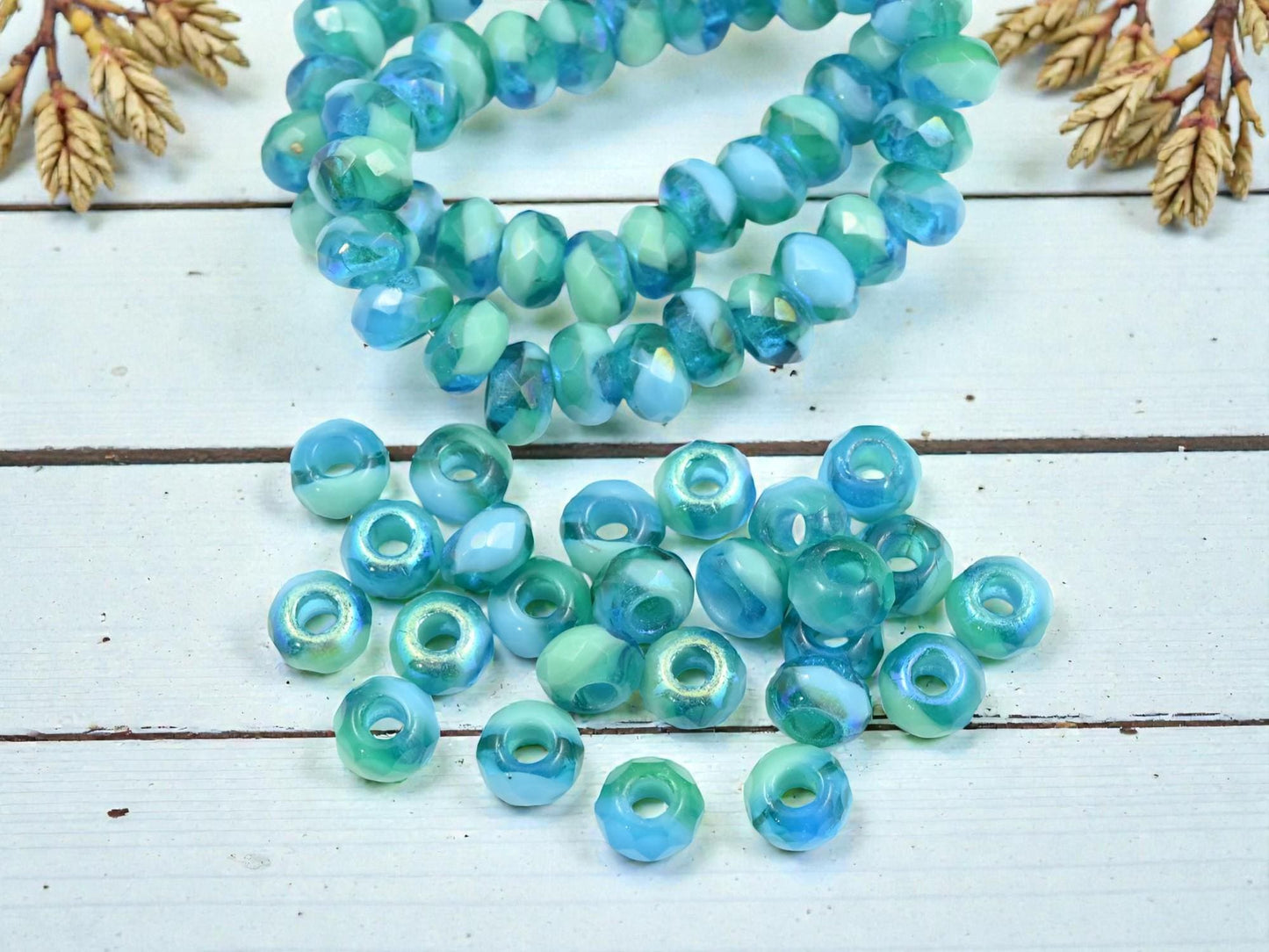 Czech Glass Faceted Large Hole Roller Rondelle Beads - Blended Turquoise AB - 6x9mm - 25pcs (2132)