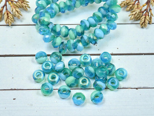 Czech Glass Faceted Large Hole Roller Rondelle Beads - Blended Turquoise AB - 6x9mm - 25pcs (2132)