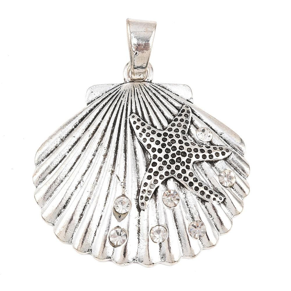 Antique Silver Metal Sea Shell Pendant with Crystal Rhinestones - 54x52mm - 1pcs - (A668)