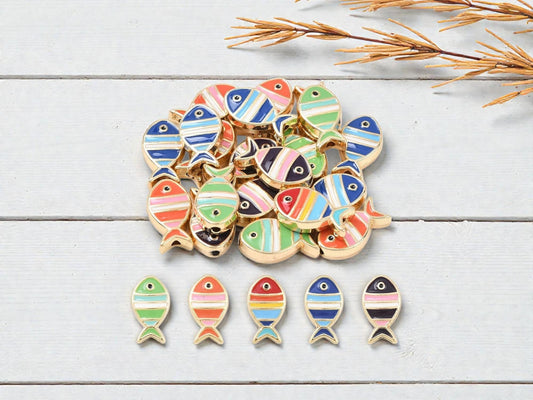 Gold Surrounding Multicolor Enamel Fish Beads - Whimsical - 16x9mm - 10pcs - (2867)
