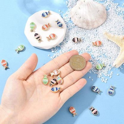 Gold Surrounding Multicolor Enamel Fish Beads - Whimsical - 16x9mm - 10pcs - (2867)