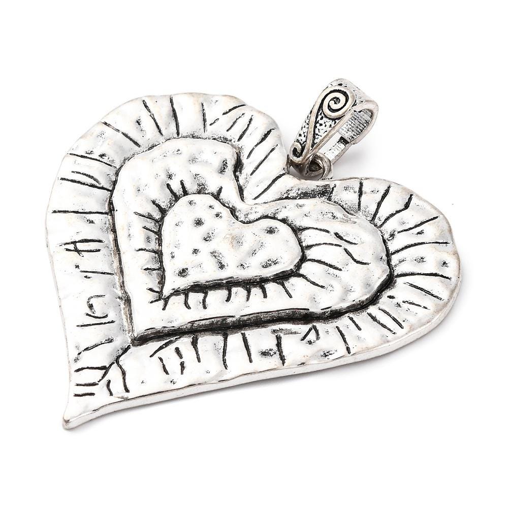 Antique Silver Metal Large Heart Pendant - 68mm - 1pc - (3171)