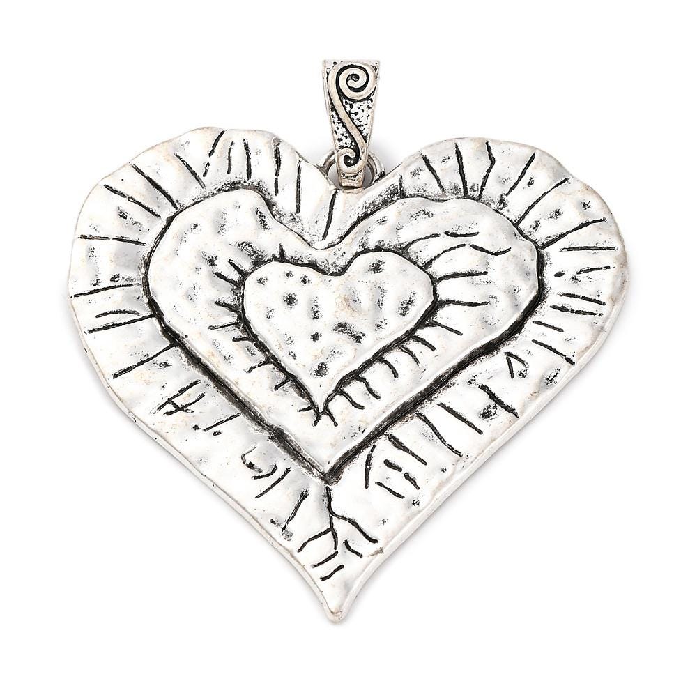 Antique Silver Metal Large Heart Pendant - 68mm - 1pc - (3171)