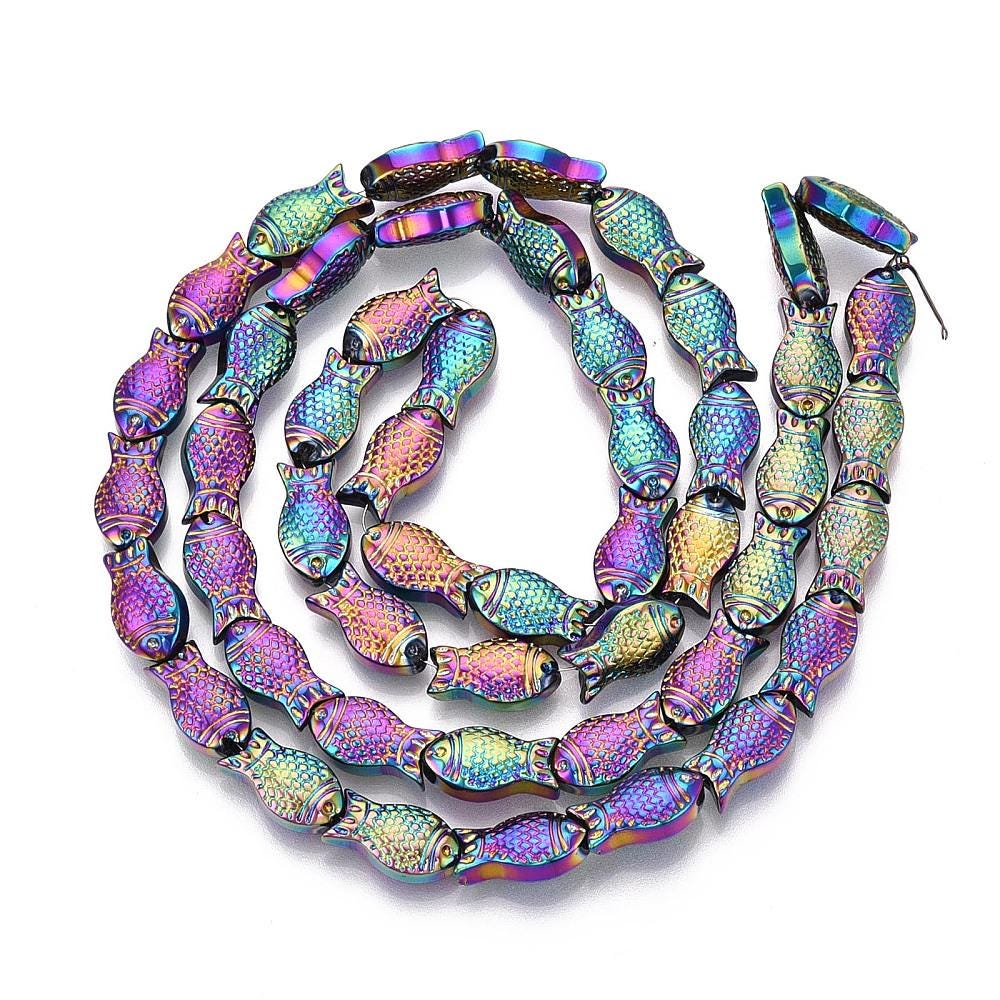 Metallic Rainbow Electroplated Chinese Glass Fish Beads - 27 inch strand - 15x8mm - (B290)