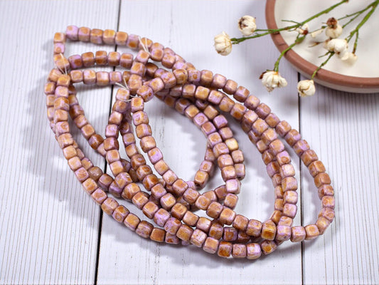 Czech Glass Cube Beads - Opaque Thistle Picasso - 4mm - 40pcs - (B741)
