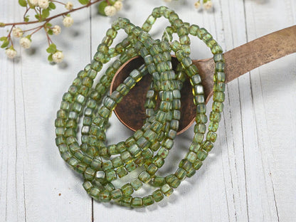 Czech Glass Cube Beads - Green Aqua Picasso - 4mm - 40pcs - (3846)