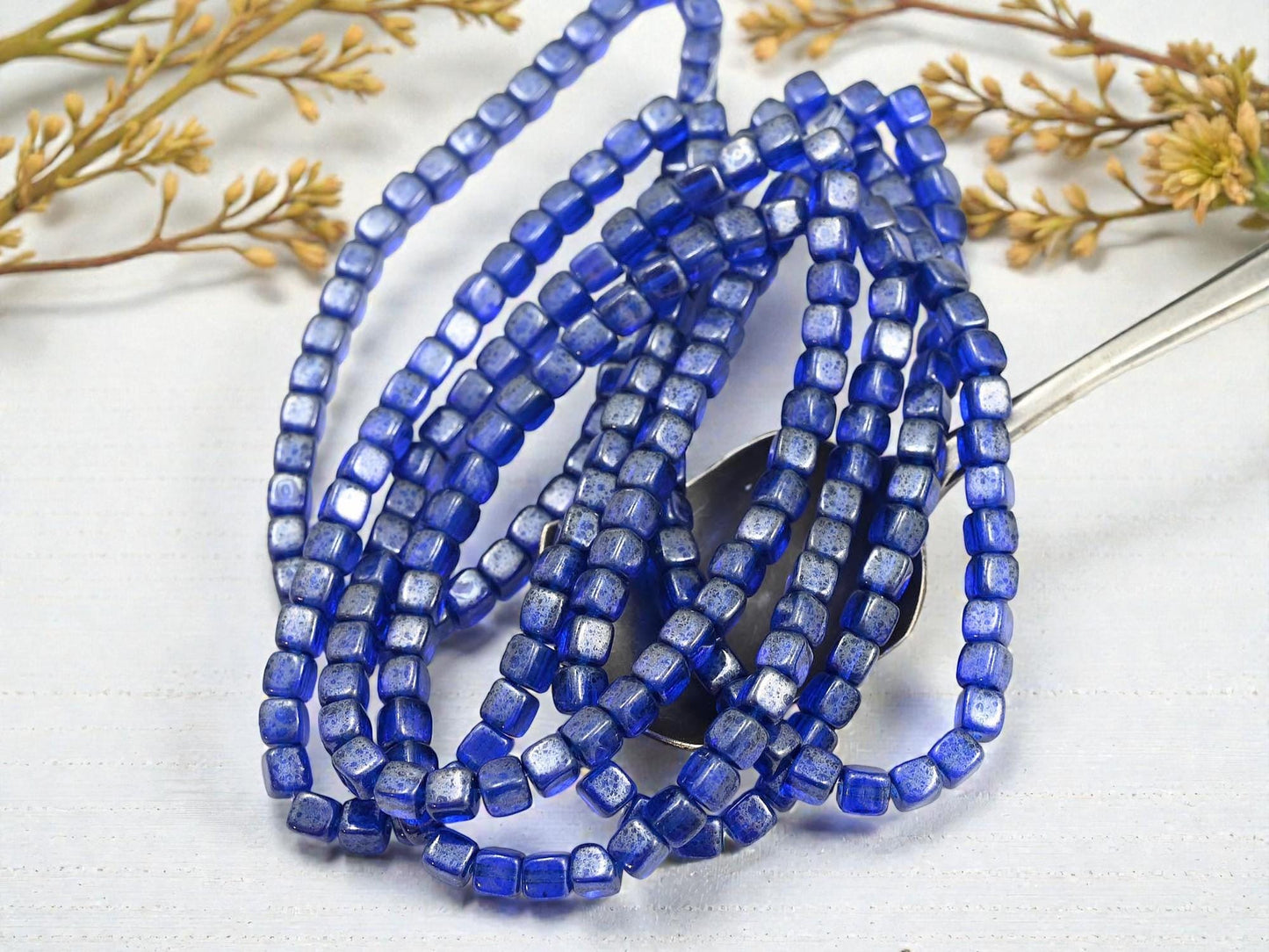 Czech Glass Cube Beads - Translucent Sapphire Picasso - 4mm - 40pcs - (1292)