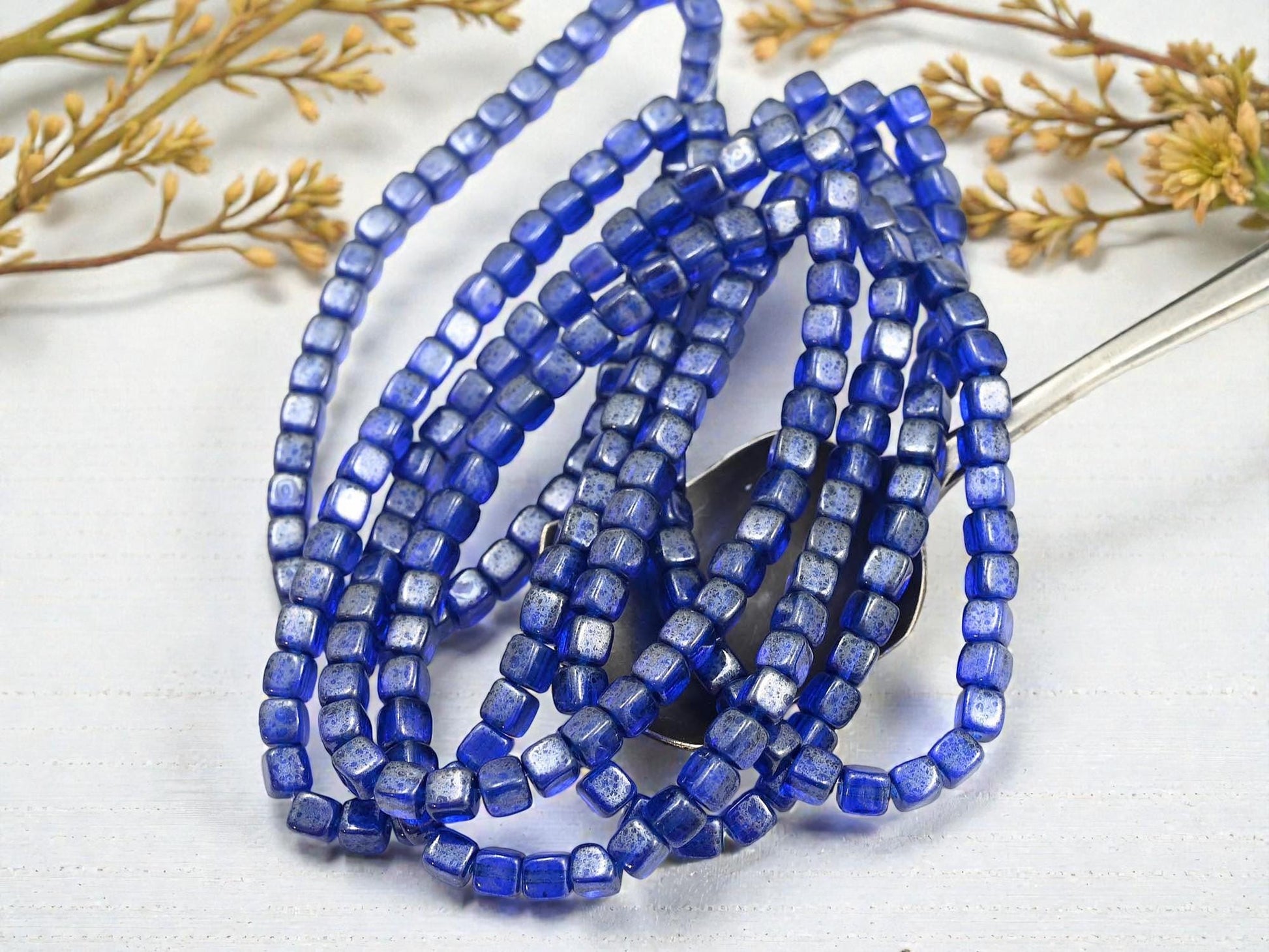 Czech Glass Cube Beads - Translucent Sapphire Picasso - 4mm - 40pcs - (1292)