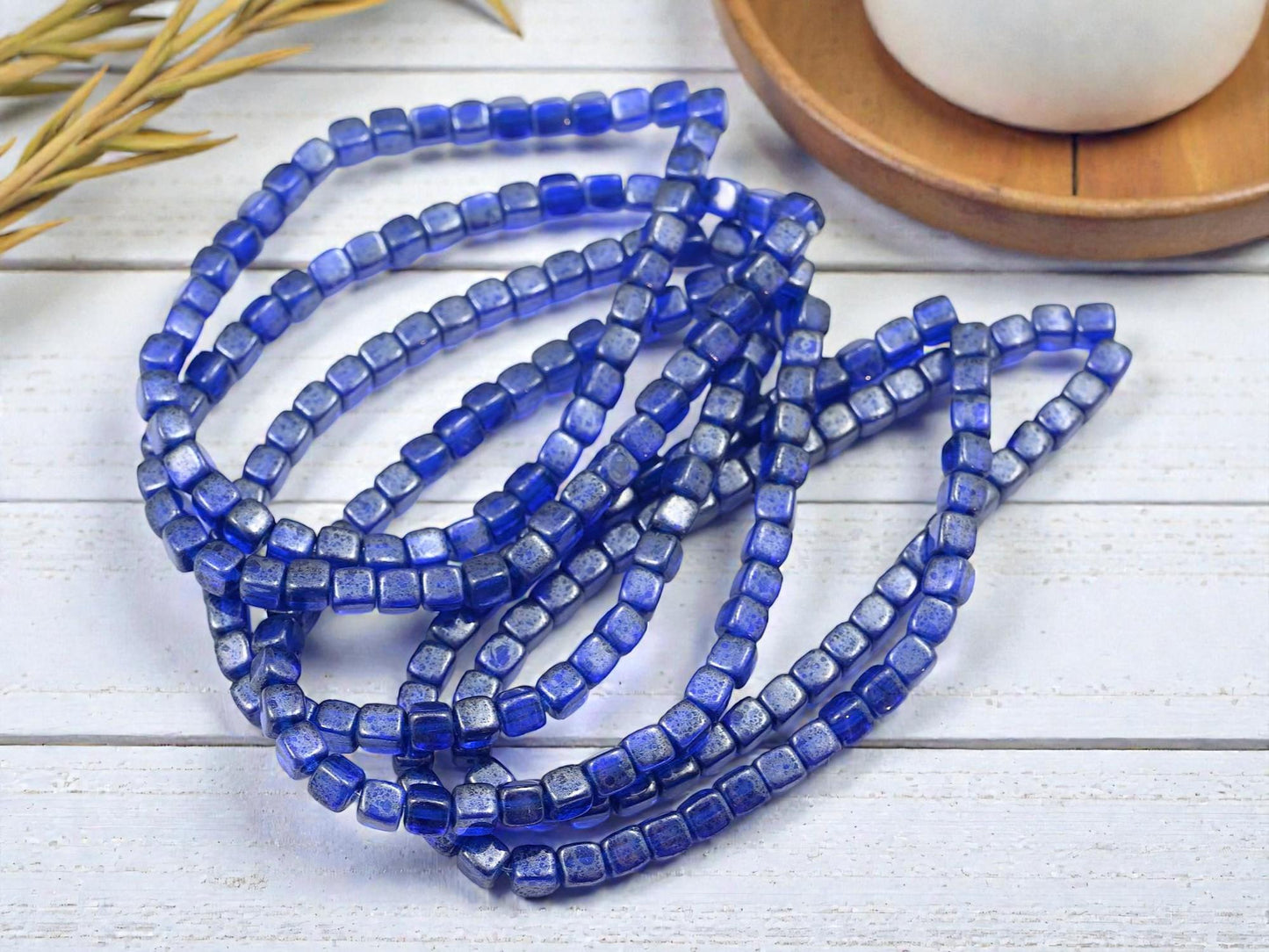 Czech Glass Cube Beads - Translucent Sapphire Picasso - 4mm - 40pcs - (1292)