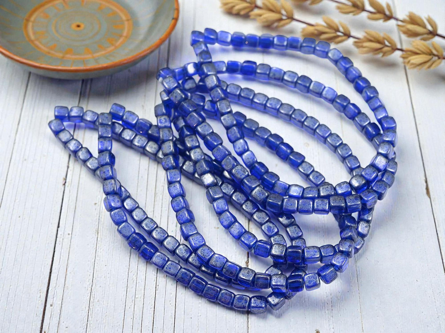 Czech Glass Cube Beads - Translucent Sapphire Picasso - 4mm - 40pcs - (1292)