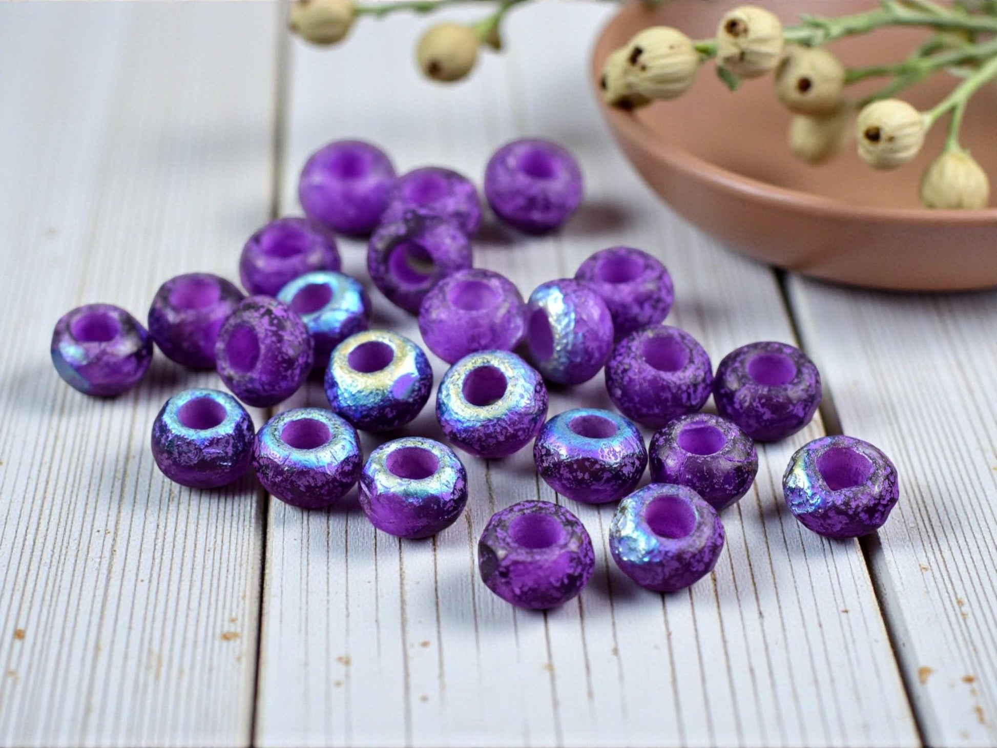 *10* 5x8mm Purple Washed Purple Pansy AB Faceted Large Hole Rondelle Roller Beads
