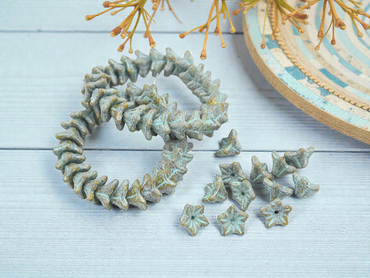 Czech Glass Etched Bell Flower Beads - Turquoise Washed Beige - 5x8mm - 25pcs - (1874)