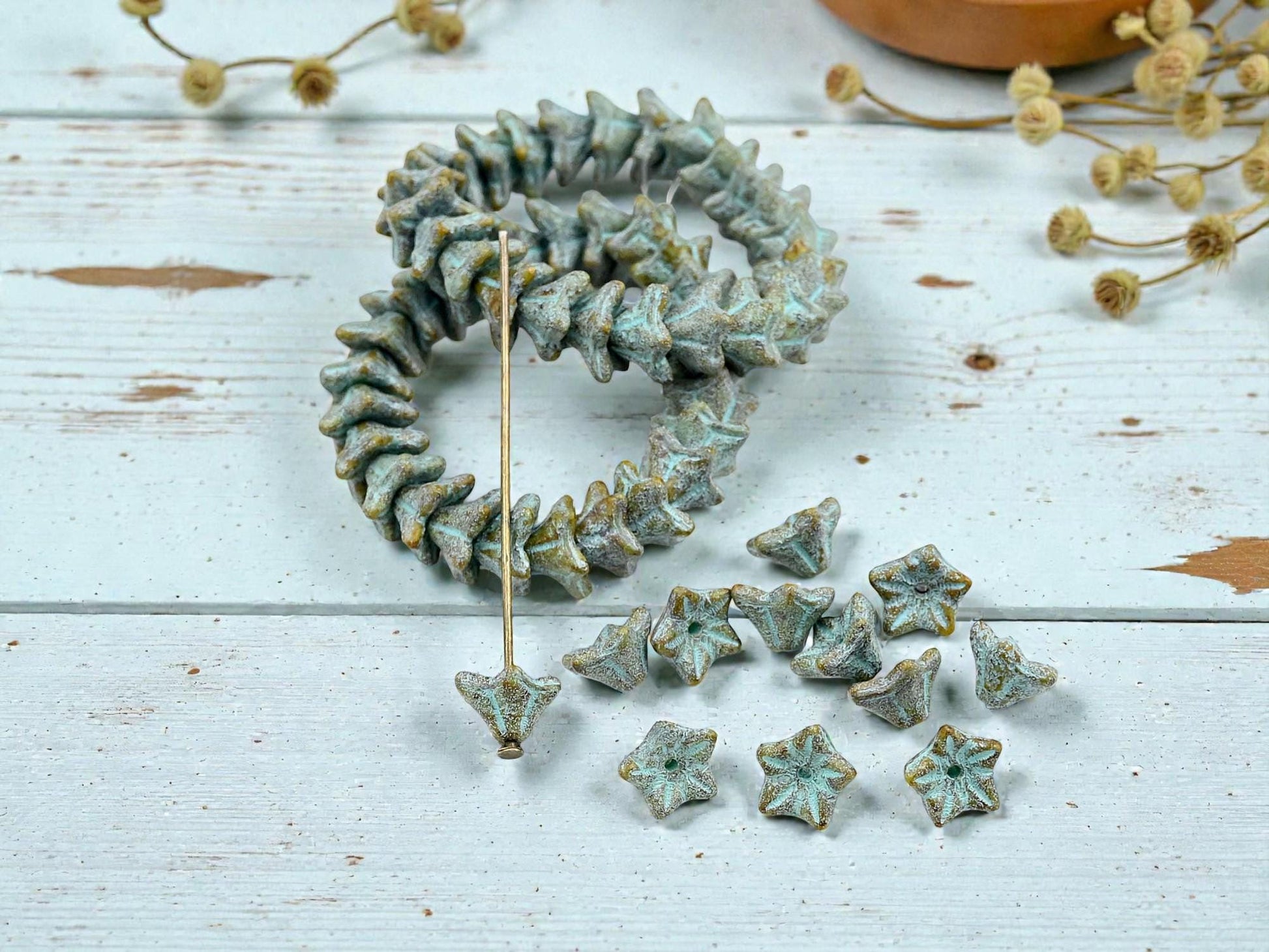 Czech Glass Etched Bell Flower Beads - Turquoise Washed Beige - 5x8mm - 25pcs - (1874)