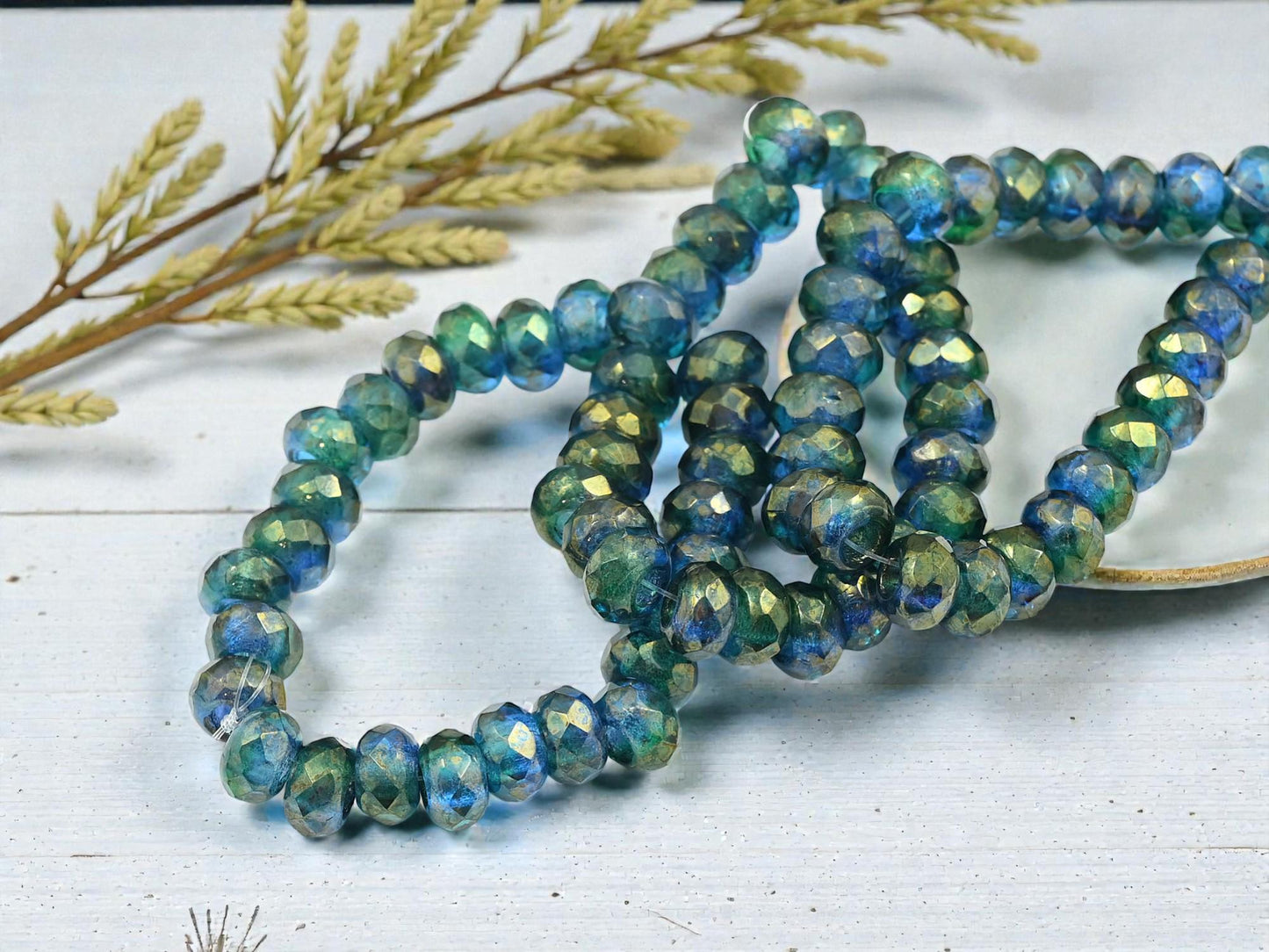 Czech Glass Large 3mm Hole Fire Polished Roller Rondelle Beads - Sapphire Emerald Luster - 6x9mm - 25pcs - (197)