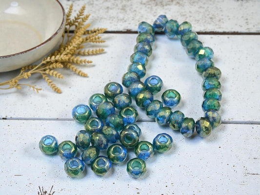 Czech Glass Large 3mm Hole Fire Polished Roller Rondelle Beads - Sapphire Emerald Luster - 6x9mm - 25pcs - (197)