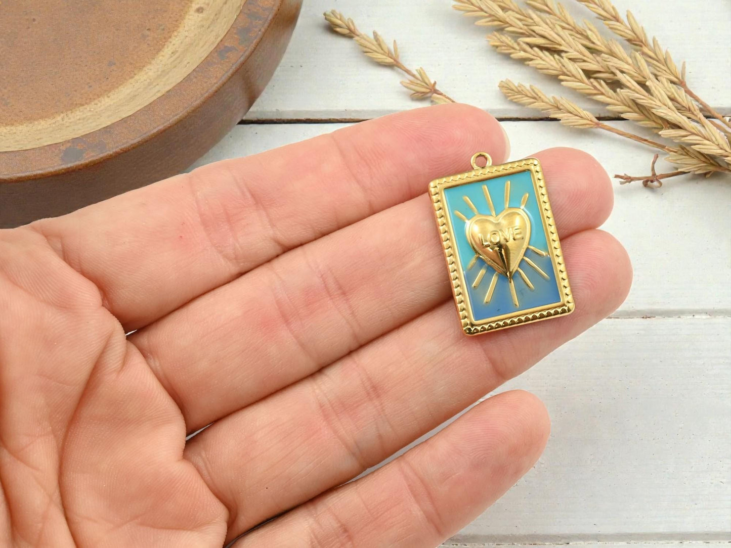 18k Gold Surrounding Blue Green Enamel Rectangle Bursting Heart Charms - 28x18mm - 2pcs - (B486)