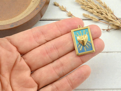 18k Gold Surrounding Blue Green Enamel Rectangle Bursting Heart Charms - 28x18mm - 2pcs - (B486)