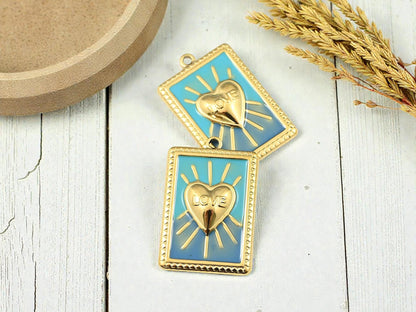 18k Gold Surrounding Blue Green Enamel Rectangle Bursting Heart Charms - 28x18mm - 2pcs - (B486)