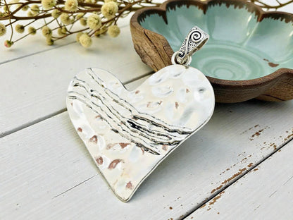 Antique Silver Hammered Metal Heart Pendant - 69x65mm - 1pc - (A705)