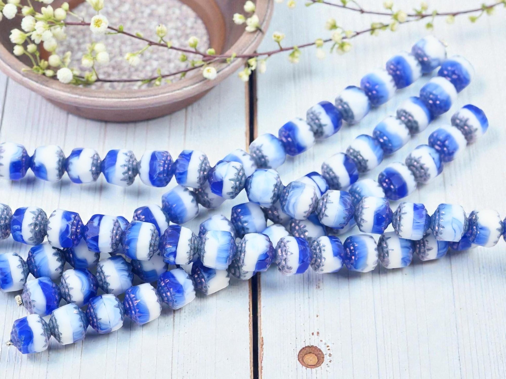 Czech Glass Fire Polished Cathedral Beads - Blue White - 8mm - 15pcs - (1067)