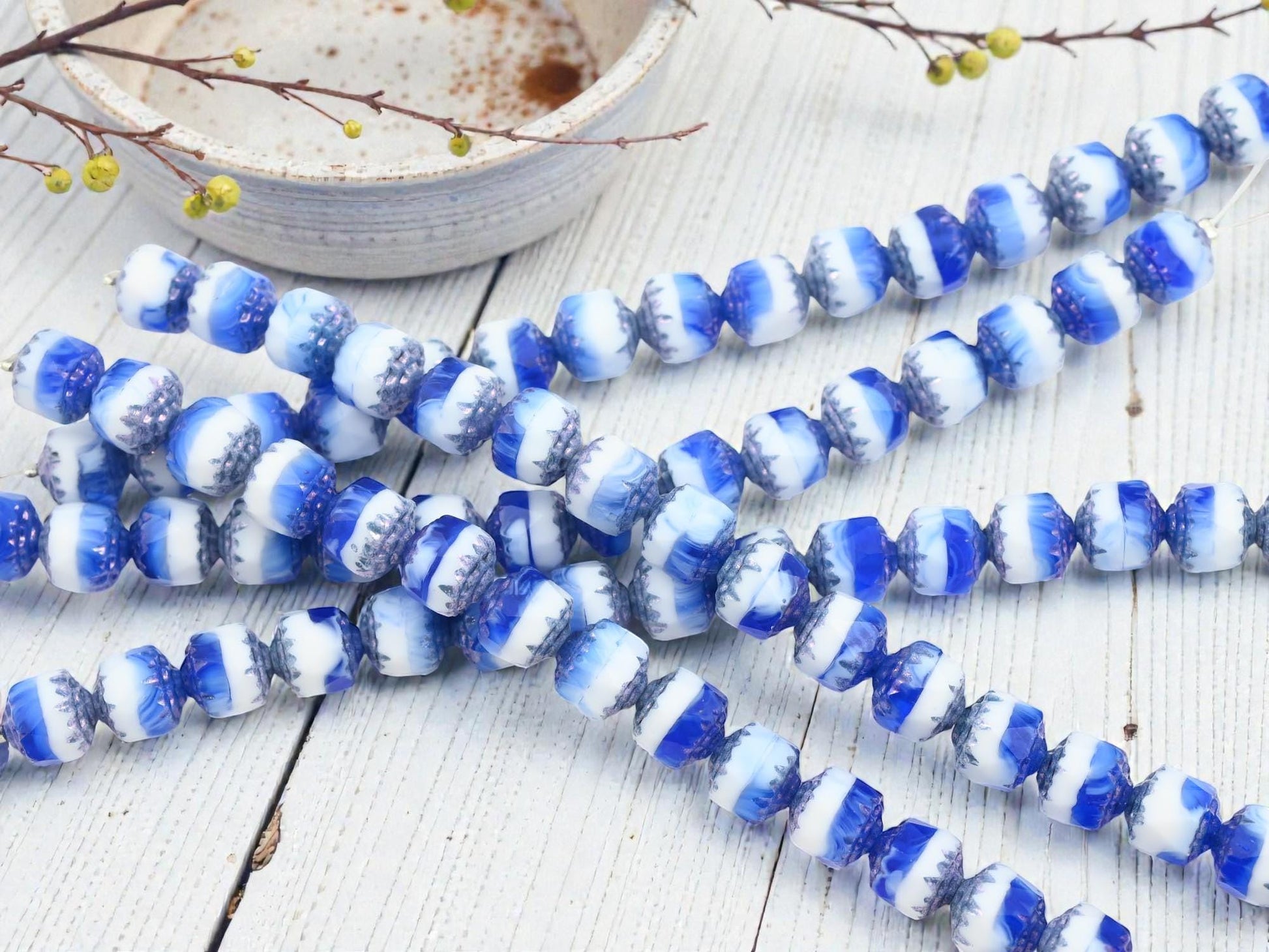 Czech Glass Fire Polished Cathedral Beads - Blue White - 8mm - 15pcs - (1067)