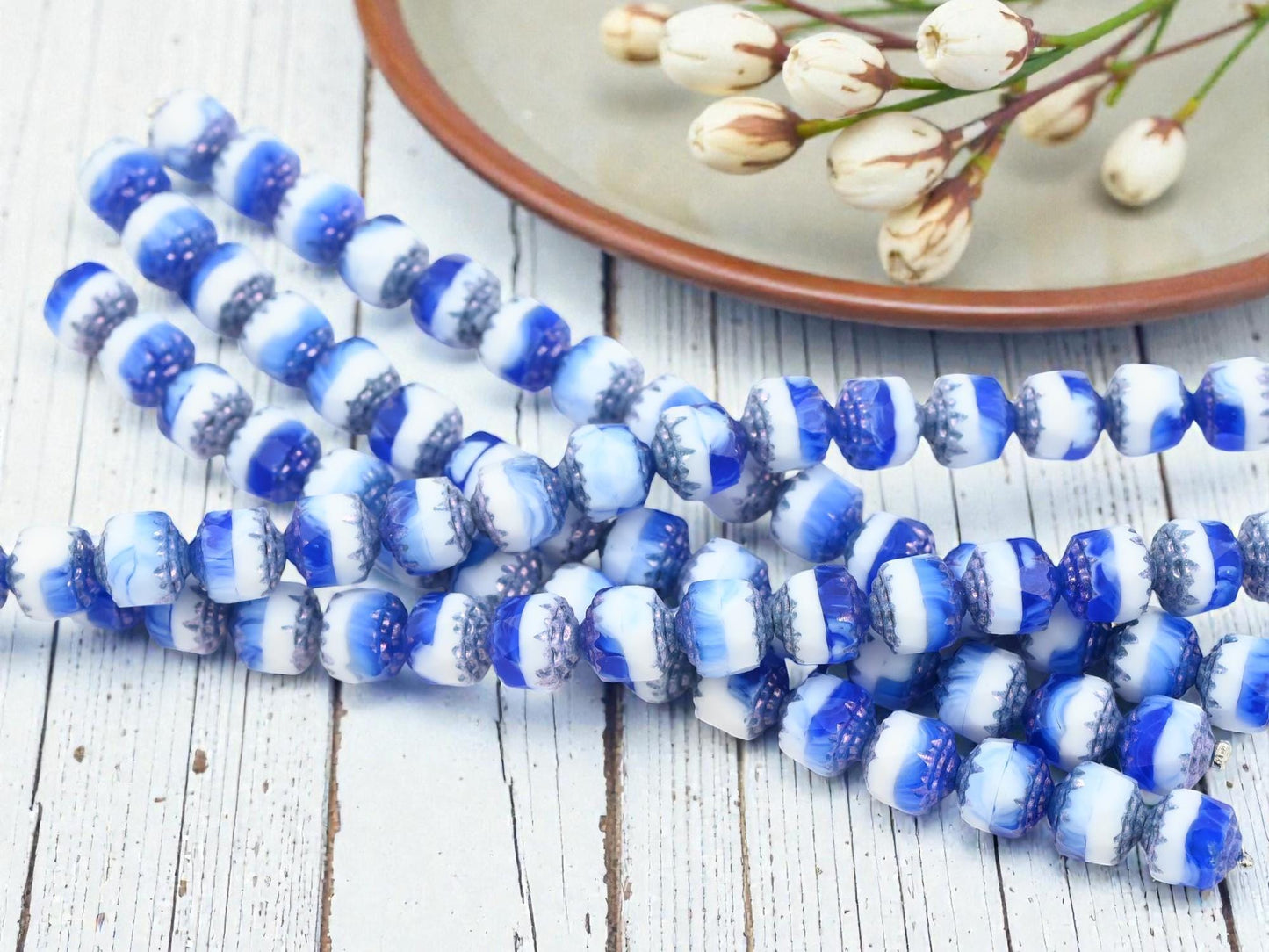 Czech Glass Fire Polished Cathedral Beads - Blue White - 8mm - 15pcs - (1067)