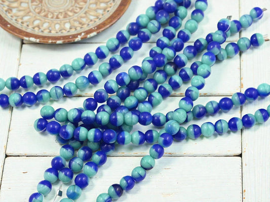 Czech Pressed Glass 6mm Round Druk Beads - Blue + Turquoise - 20pcs - (3964)