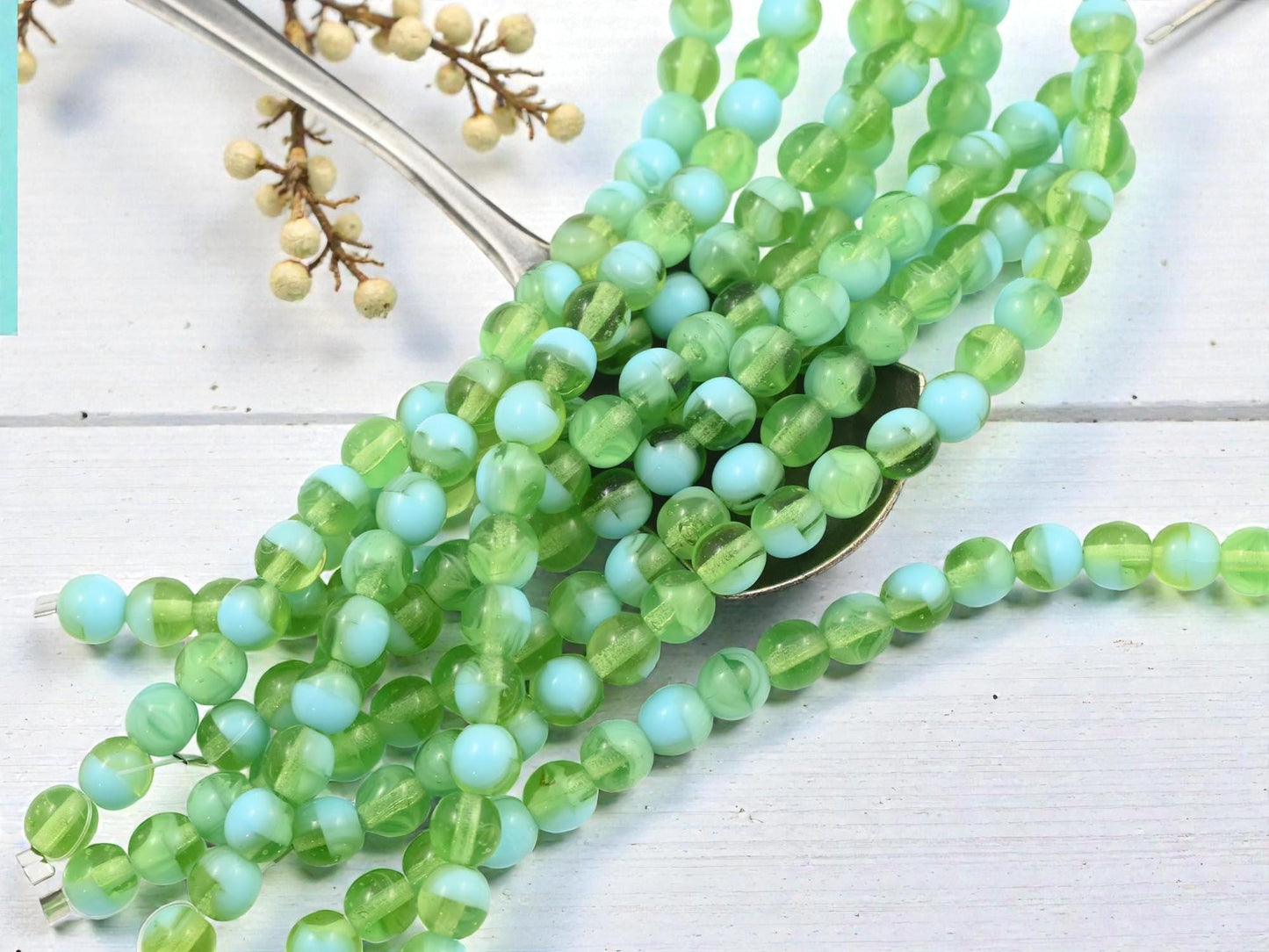 Czech Pressed Glass 6mm Round Druk Beads - Peridot + Turquoise - 20pcs - (2120)