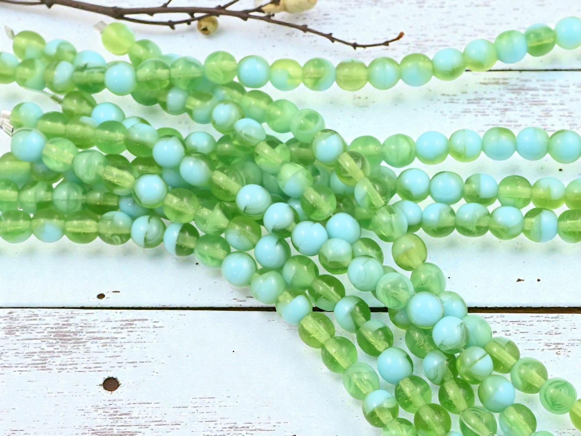 Czech Pressed Glass 6mm Round Druk Beads - Peridot + Turquoise - 20pcs - (2120)