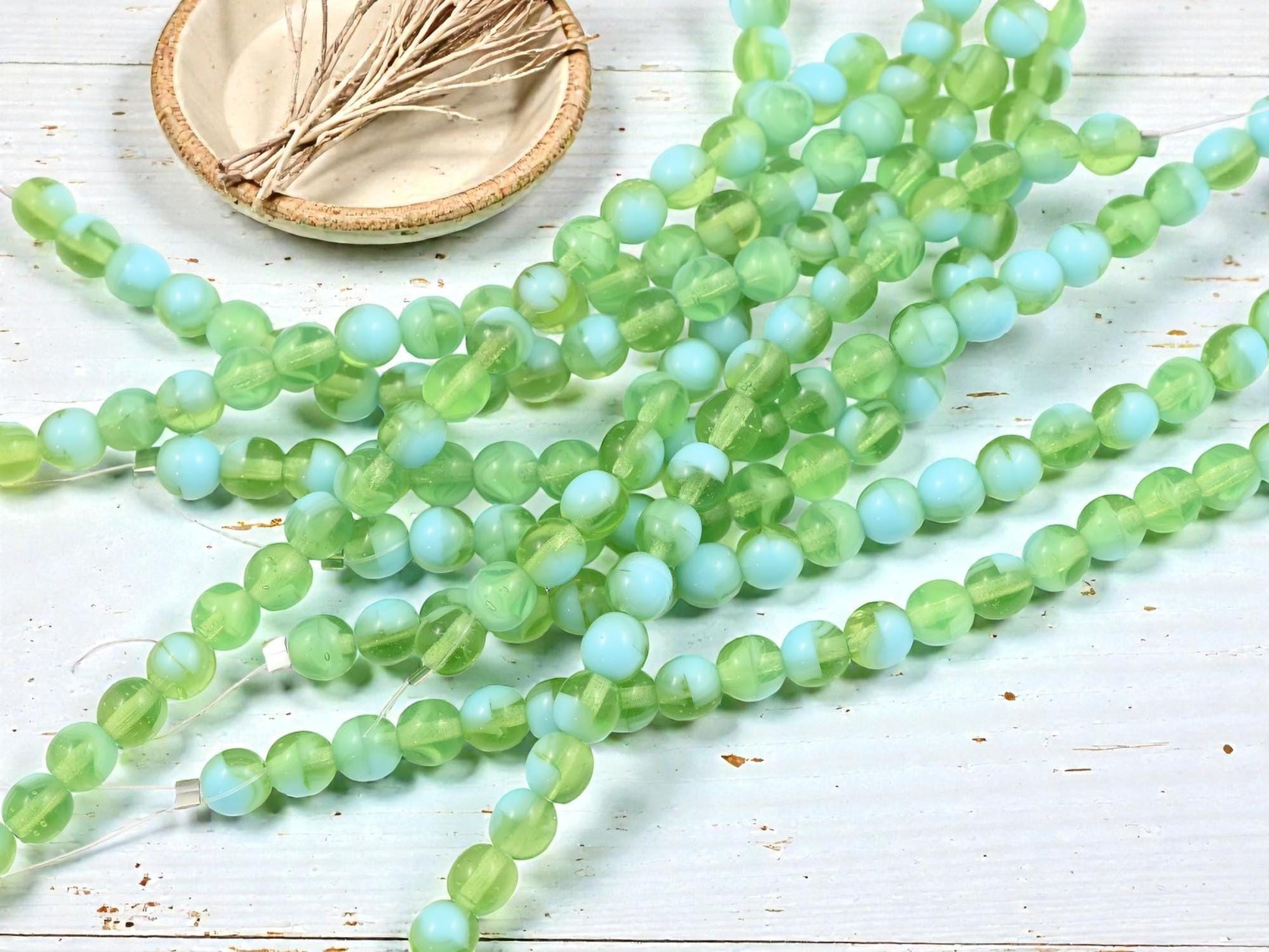 Czech Pressed Glass 6mm Round Druk Beads - Peridot + Turquoise - 20pcs - (2120)
