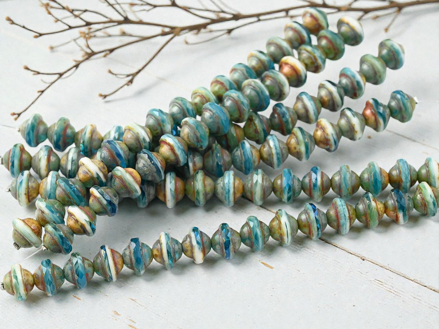 Czech Glass Fire Polished Saturn Beads - Blended Teal + White Picasso - 8x10mm - 15pcs - (3975)