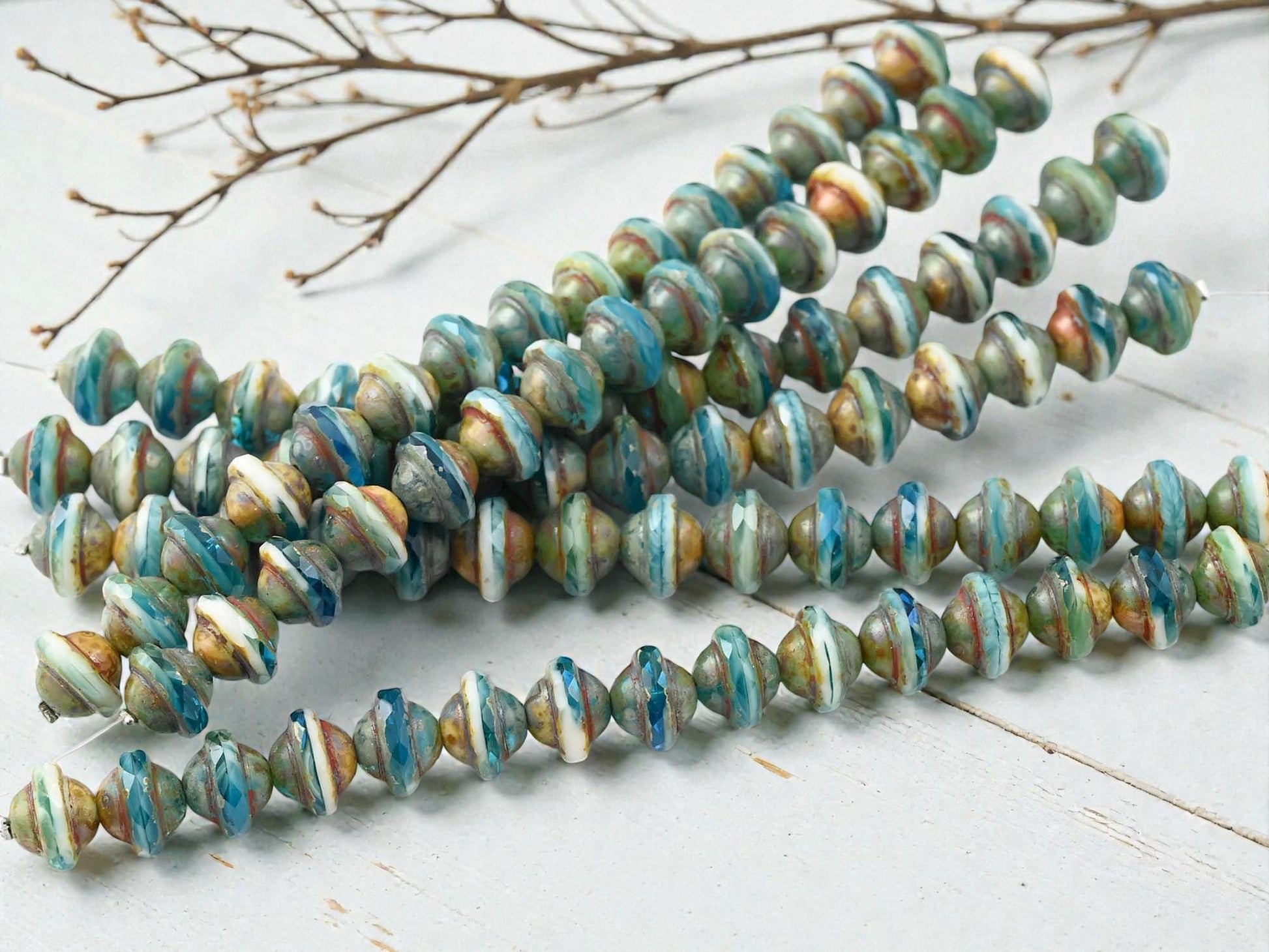 Czech Glass Fire Polished Saturn Beads - Blended Teal + White Picasso - 8x10mm - 15pcs - (3975)