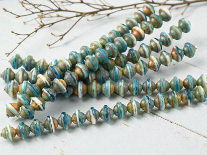 Czech Glass Fire Polished Saturn Beads - Blended Teal + White Picasso - 8x10mm - 15pcs - (3975)