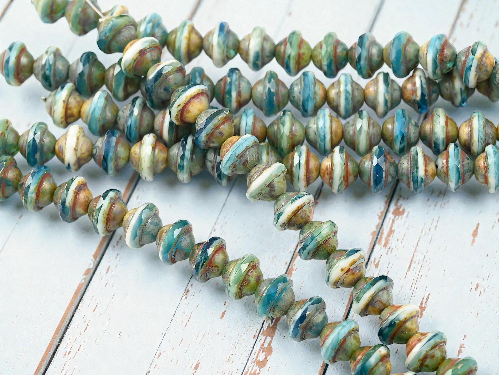 Czech Glass Fire Polished Saturn Beads - Blended Teal + White Picasso - 8x10mm - 15pcs - (3975)