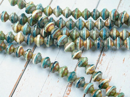 Czech Glass Fire Polished Saturn Beads - Blended Teal + White Picasso - 8x10mm - 15pcs - (3975)